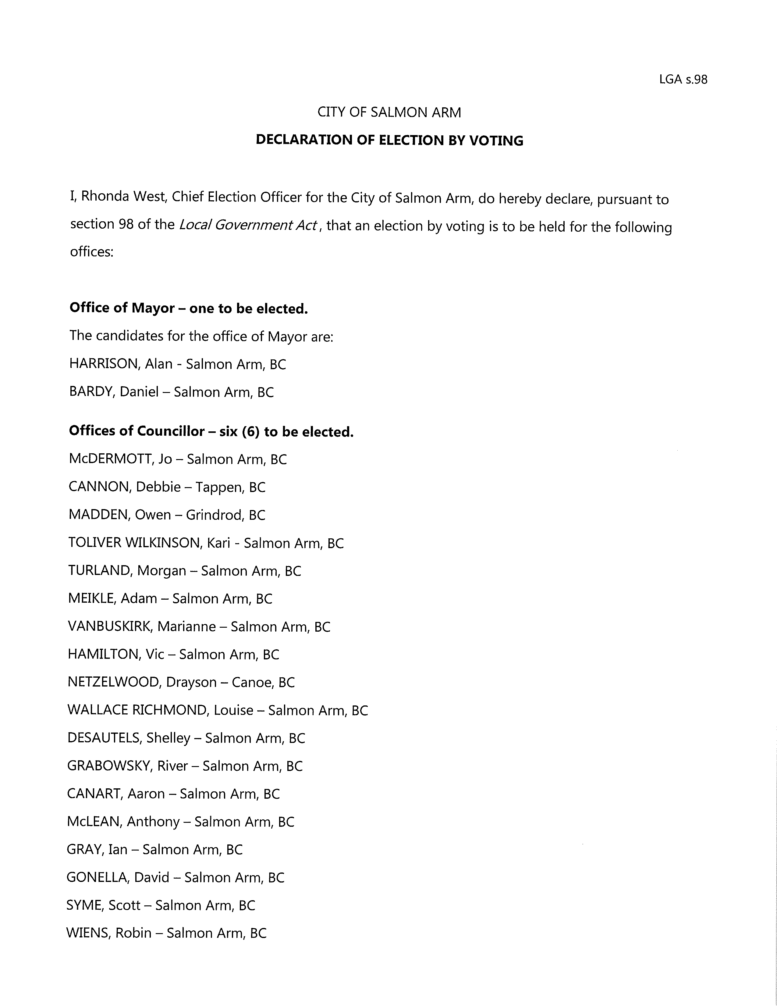 DECLARATION OF ELECTION BY VOTING Page 1