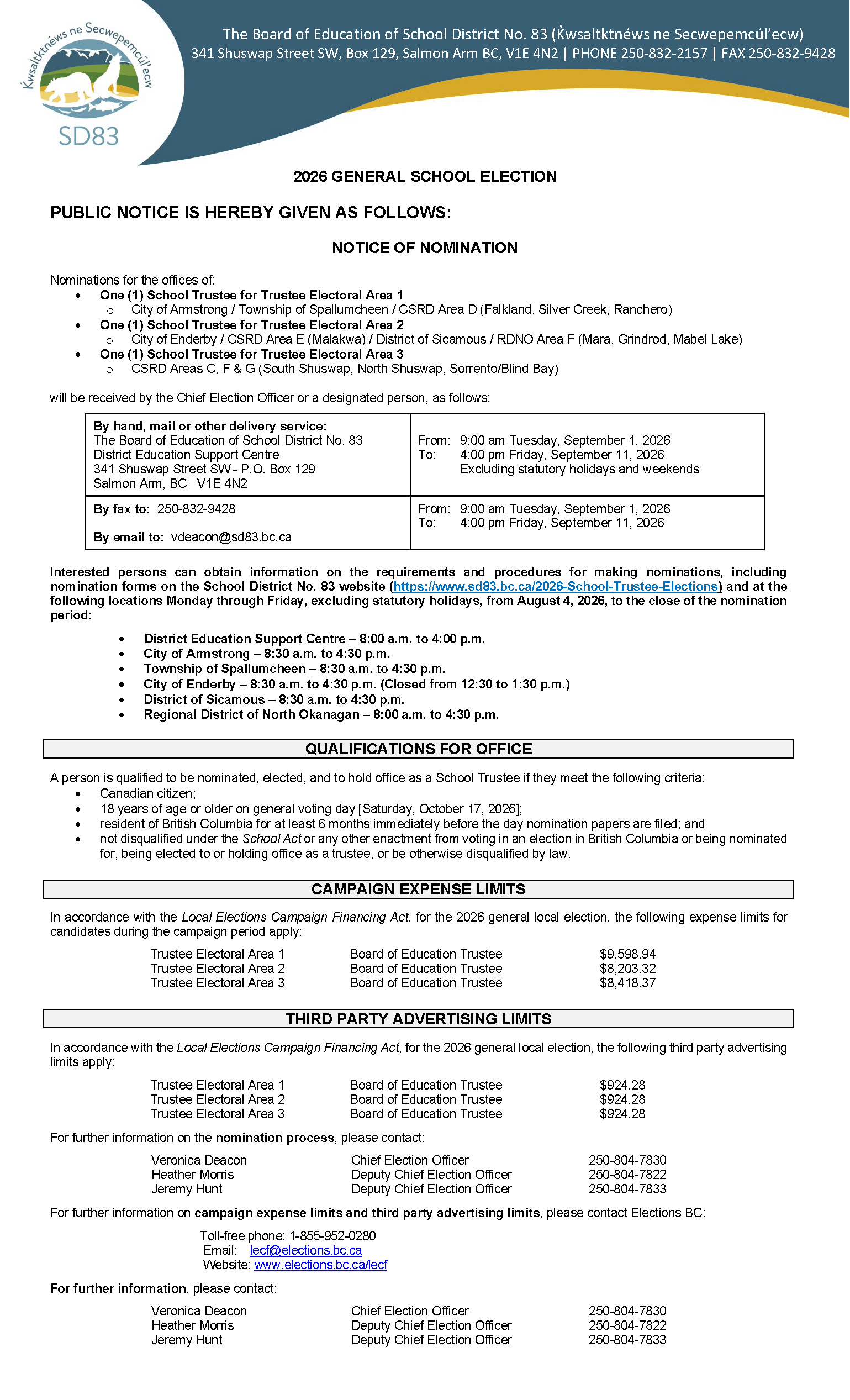 Notice 8 2 SD83 Notice of Nomination
